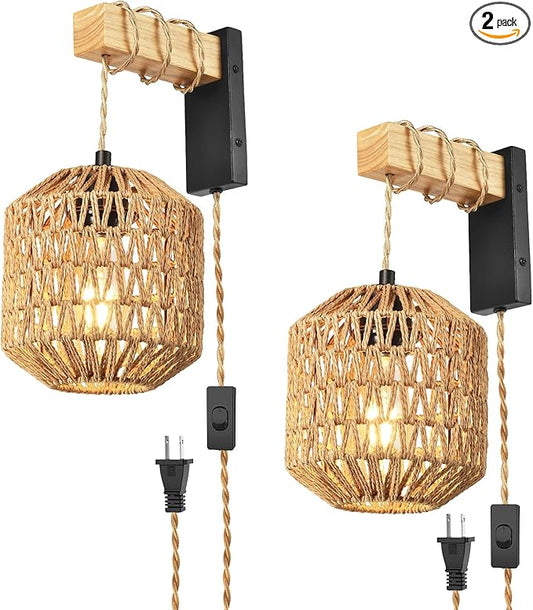 Rattan Plug in Wall Sconces Set of Two, Hand Woven Boho Wall Lamp Plug in Cord Wall Sconces for Bedroom Living Room Farmhouse