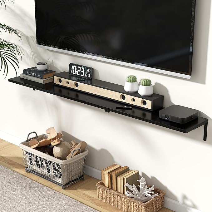 Fun Memories Deep Floating Shelves, 32W x 8D Floating Shelves Set of 2, Wall Mounted Shelf with Metal Brackets, Rustic Wood Wall Shelf for Bathroom, Kitchen and Living Room, Black