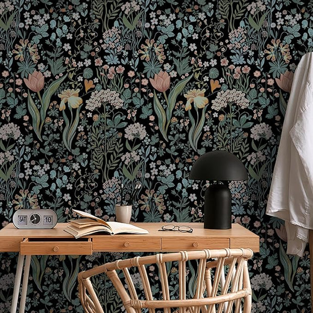 Peel and Stick Wallpaper Vintage Wall Paper Black Floral Contact Paper Removable Wallpaper 17.3"x196.8" Leaf Flower Self Adhesive for Bedroom Drawer Decor Vinyl Rolls