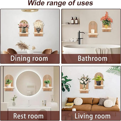 Boho Wall Shelf Set of 2-15 x 8.6 Inch Arched Wooden Hanging Shelves for Living Room & Bedroom - Mid-Century Modern Bohemian Wall Decor (Natural Wood Finish)