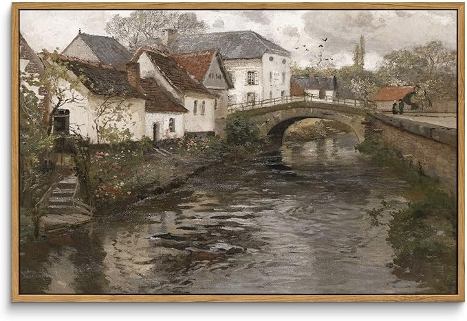 InSimSea Framed Canvas Wall Art Vintage Decor, Landscape Wall Art, Riverside Small Town Large Canvas Prints Home Decor, Rustic Farmhouse Wall Decor for Bedroom Living Room, 16