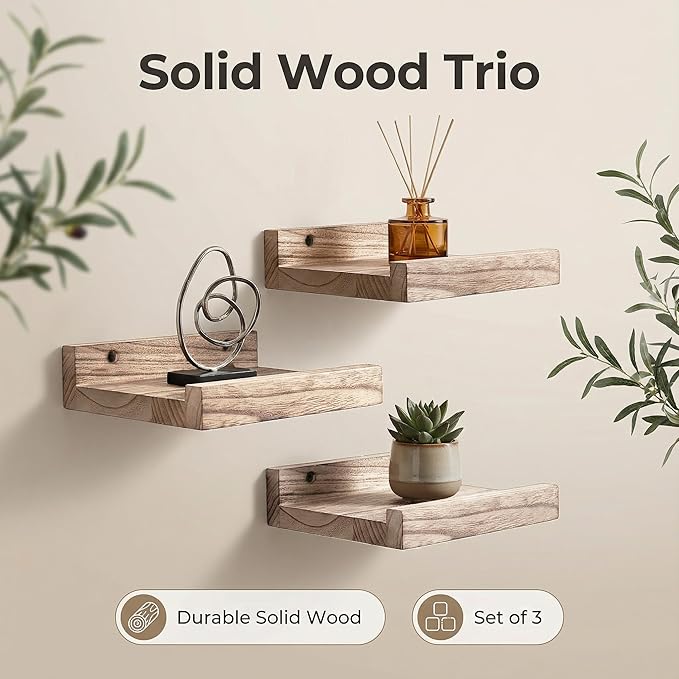 Z metnal Mini Floating Shelves, Small Natural Wooden Display Wall Shelf for Picture Ledge, Pawlownia, Wall Mounted, Light Brown, 6 x 5.5inch, 3 Pack