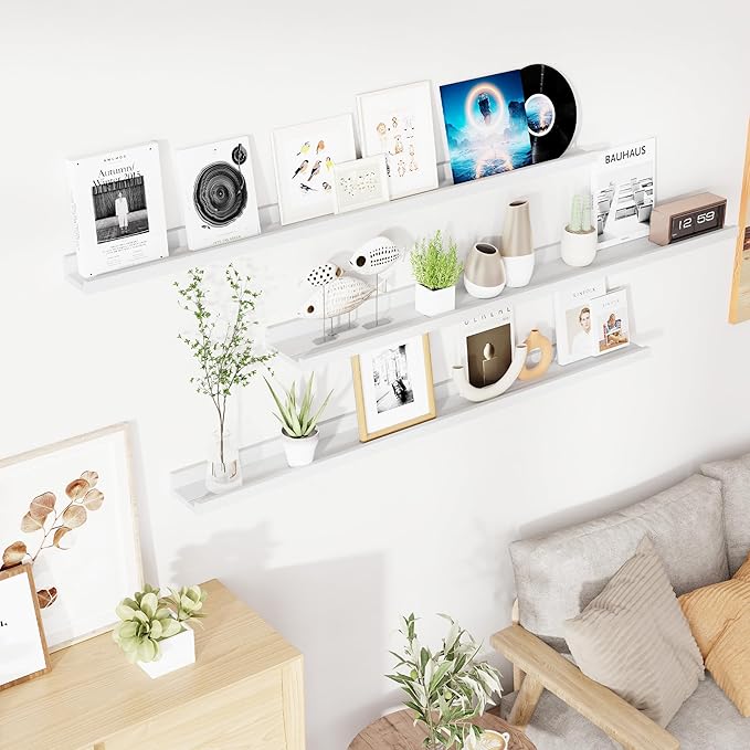RICHFOCUS Floating Shelves for Wall, 55 inch Solid Wood Picture Ledge Shelf for Wall Storage, Nursery Book Shelves with Lip for Living Room Bathroom Bedroom Kitchen, Set of 3, Washed White