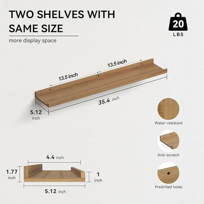 35.3 Inches Long Floating Shelves, 2 Set Rustic Wall Shelf for Bedroom, Nursery Book Shelf with Lip, Picture Ledge Shelf for Wall Decor Living Room Bathroom Kitchen - Oak