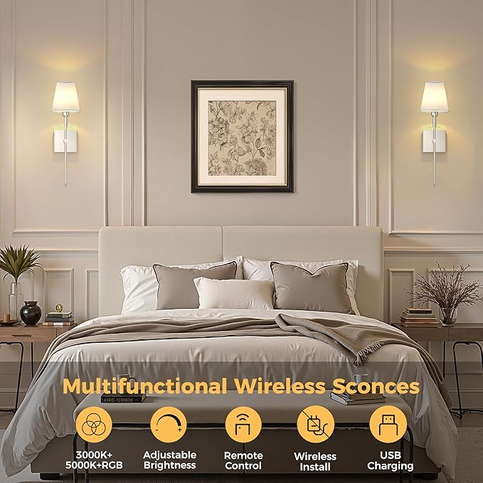 DORESshop Battery Operated Wall Sconce Set of 2, Nickel Rechargeable Wall Lights, Sconce Wall Decor Set of 2, 7 Colors Mode Wireless Sconces for Bedroom Living Room Hallway