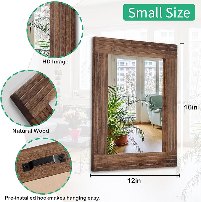 Wood Mirror Rectangular Framed Rustic Vintage Mirrors Decor Farmhouse Bedroom Bathroom Mirror for Dressing Table Entrance Small 16