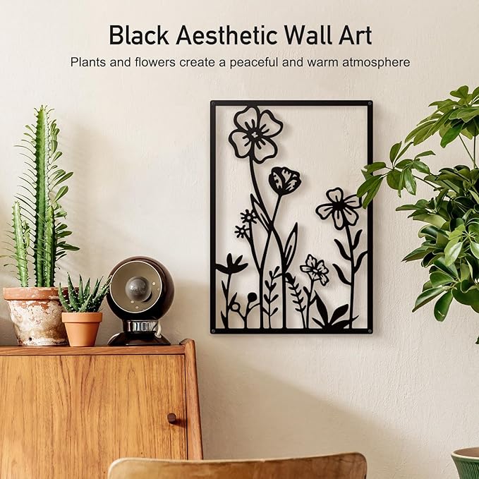 Sokurdeg Black Metal Flowers Wall Decor, Minimalist Floral Wall Hanging Art, Black Abstract Line Wall Art Sculptures for Bedroom Bathroom Living Room (4 Pcs, 12 x 17 in)