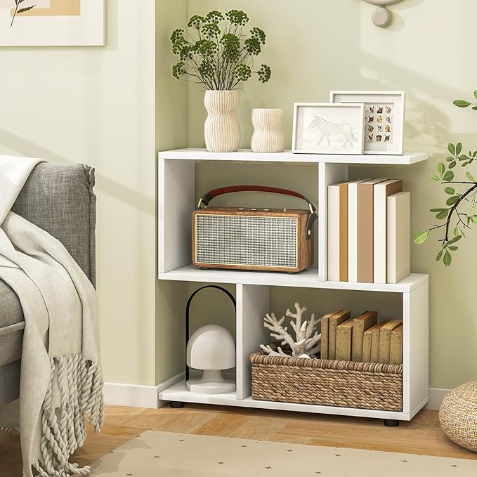 LOKO 3-Tier Geometric Bookshelf Set of 2, S-Shaped Open Bookcase, Freestanding Decorative Storage Shelving, Home Storage Organizer for Living Room, Bedroom, Home Office (2, White)