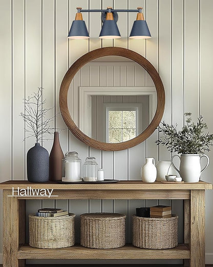 FEMILA Bathroom Vanity Light, 3-Light Modern Bathroom Light Fixture with Hammered Metal Shade Finish, Dark Blue Wall Sconce Lamp Lighting for Bedroom, 4FG59B-3W Blue