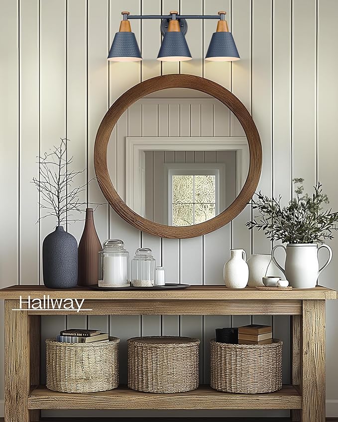 FEMILA Bathroom Vanity Light, 3-Light Modern Bathroom Light Fixture with Hammered Metal Shade Finish, Dark Blue Wall Sconce Lamp Lighting for Bedroom, 4FG59B-3W Blue