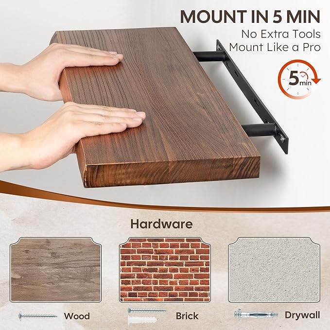 Live Edge Floating Shelves Set of 2, 24 Inch Solid Elm Wood Wall Shelves - Invisible Bracket Mount for Living Room, Bedroom, Kitchen, Bathroom | Vintage Rustic Decor