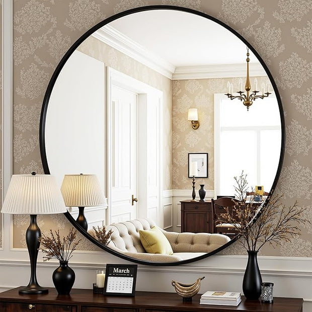 Antok 24 Inch Round Mirror for Wall, Round Bathroom Mirror, Circle Wall Mirrors with Black Metal Frame, Circle Mirrors Suitable for Wall, Bathroom, Vanity, Living Room, Entryway