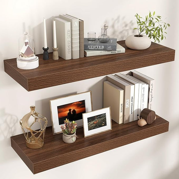 Floating Shelves for Wall, 36" W x 12" D x 2" H, 2 Pack of Long Wall Mounted Engineered Wood Shelves with Invisible Brackets for Living Room, Bedroom, Bathroom, Kitchen Decor, Walnut