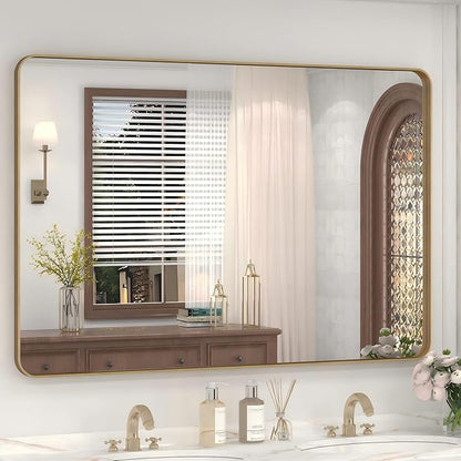 48x30 Inch Gold Framed Bathroom Mirror, Brushed Gold Metal Vanity Mirror, Rectangle Gold Mirror for Wall, Rounded Corner, Tempered Glass, Anti-Rust, Shatterproof (Horizontal/Vertical)