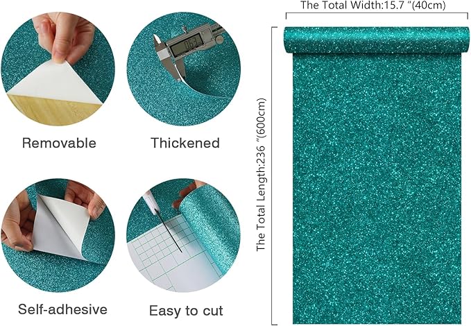 CHIHUT Teal Blue Glitter Wallpaper Stick and Peel for Bedroom Walls 15.7''x236'' Removable Teal Sparkle Wallpaper Decorative Shiny Glitter Contact Paper Self Adhesive Fabric Roll for Drawer Dresser