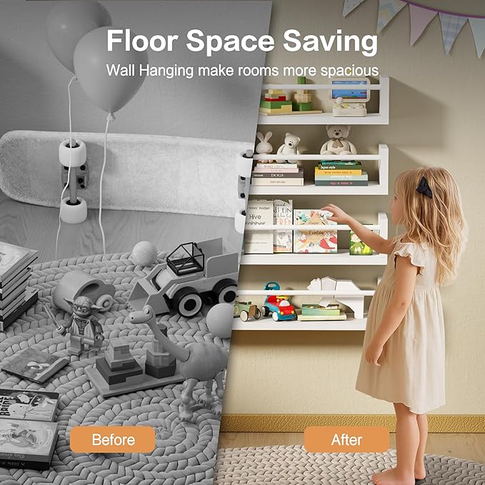23.6" Wall Book Shelves for Kids - Floating Nursery Book Shelves Set of 4, White Wall Mounted Bookshelf for Kids Room, Toddler Bedroom Furniture & Toy Storage