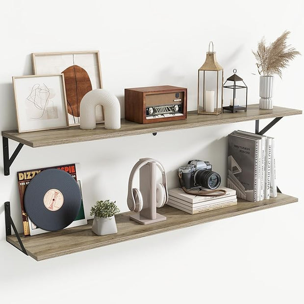 Floating Shelves for Wall,48" Wx8 D Wood Wall Shelves,Hanging Storage Floating Shelf with Metal Brackets,Wide Floating Bookshelf for Living Room,Office,Bedroom,Bathroom,Set of 2,Grey