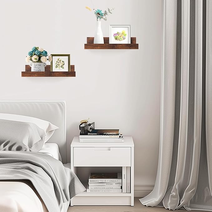 Muzilife 12" Small Floating Wall Ledge Shelves with Lip - Set of 2 Wood Floating Shelves - Rustic Brown Wall Mounted Picture Ledge for Office, Bathroom, Bedroom, Living Room, Kitchen