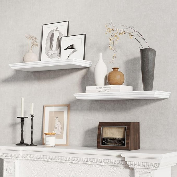 Fun Memories Floating Shelves 24 Inch Long, 9.3 Inch Deep Classic Crown Molding Floating Shelves for Wall, Rustic Wooden Shelves for Wall Decor Bathroom, Kitchen, Office, (White, 2Pack)