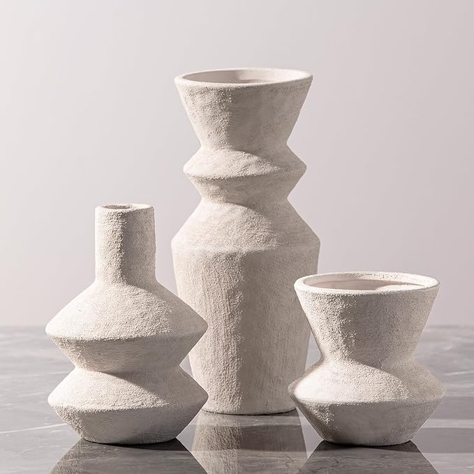 Ceramic Vase Home Table Decor - White Flower Vase Set of 3 Living Room Kitchen Decorations Farmhouse Modern Rustic Vases Decorative Centerpiece for Shelf Bedroom Office Bathroom Dining Coffee Desk