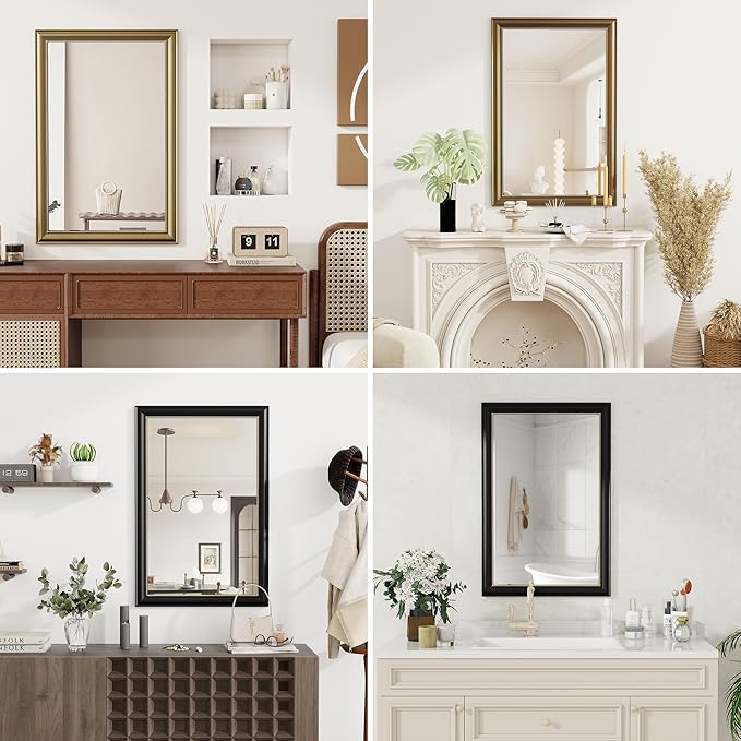 Axeman 28x36 Rectangular Wall Mirror, Decorative Bathroom Mirror, Traditional Vintage Wall Mounted Mirror with Beaded Frame for Accent Living Room Vanity Bedroom Entryway, Black