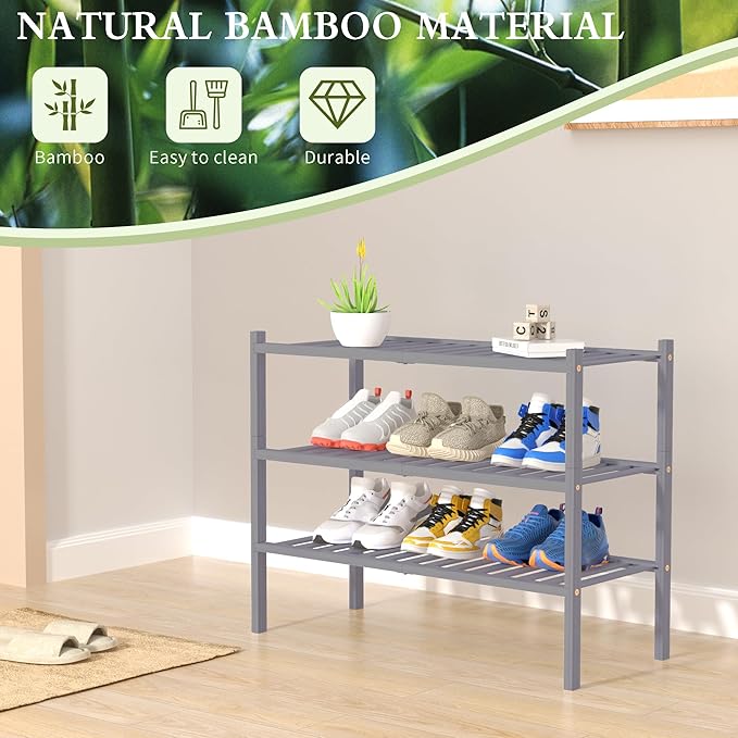 3 Tier Bamboo Shoe Rack for Closet Free Standing Wood Shoe Shelf Storage Organizer for Entryway Small Space Stackable 27