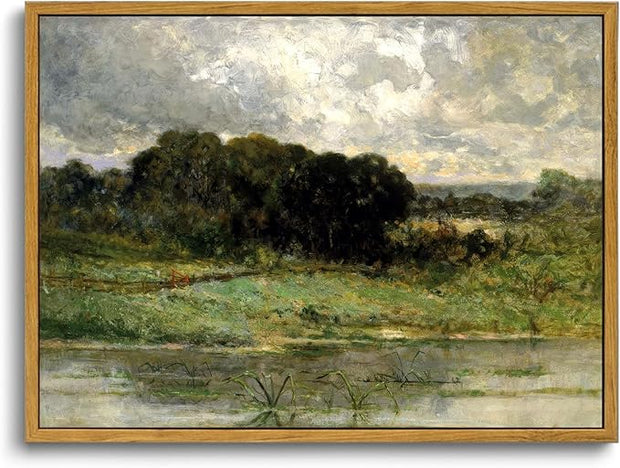 OIQArtOIQ Framed Vintage Landscape Wall Art Lake Natural Scenery Oil Painting Canvas Prints Country Farmhouse Decor Aesthetic Pictures for Kitchen Bedroom Living Room Bathroom