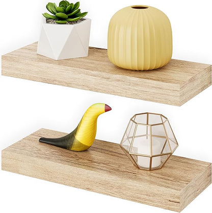 Ballucci Floating Shelves, 16" Wood Wall Shelf Set of 2, Invisible Brackets Floating Shelf Bathroom Wall Decor, Living Room, Bedroom, Kitchen, Nursery, 6" Deep, Natural Oak