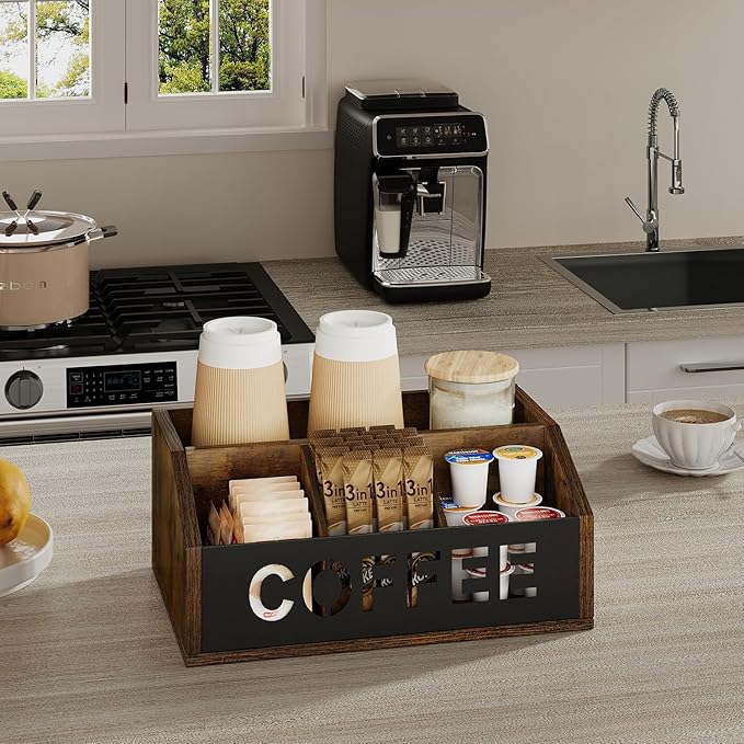 YINMIT Coffee Station Organizer for Countertop, Wood Coffee Bar Organizer with Removable Dividers for Pods, Syrup, Cups, Stirrer, Tea - Office Bar Accessories, Iron Sheet-Vintage Brown