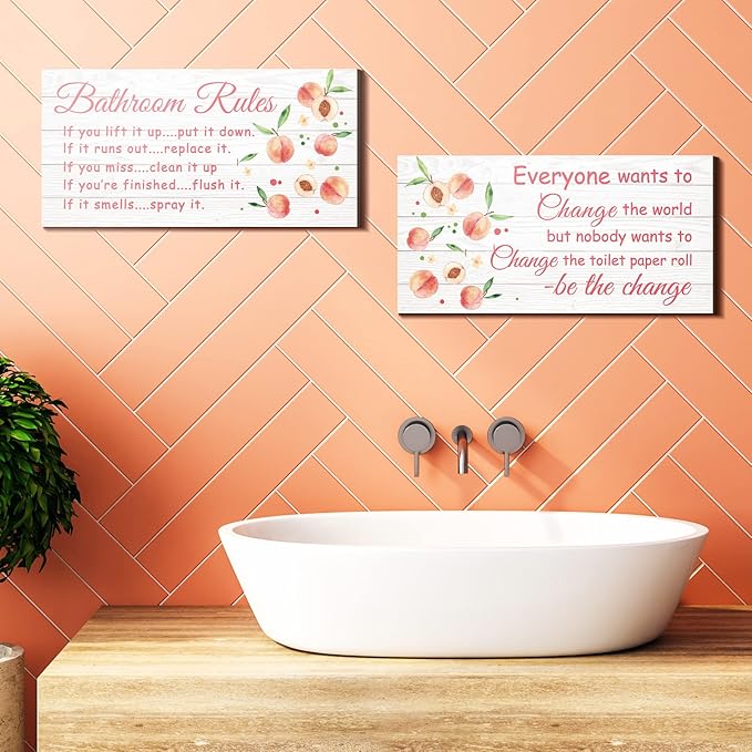 Jetec 2 Pieces Funny Bathroom Signs Bathroom Wall Decor Toilet Wall Accessories Farmhouse Toilet Rustic Wooden Signs, 12x6 Inch(Peach Style)