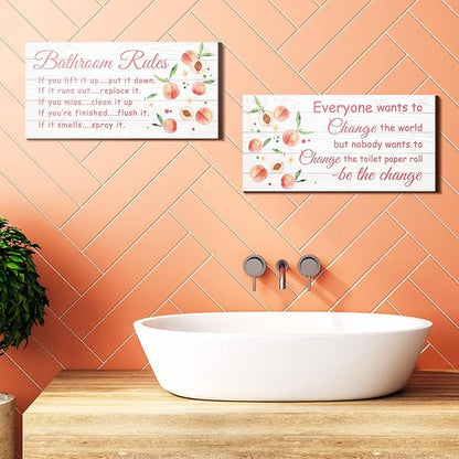 Jetec 2 Pieces Funny Bathroom Signs Bathroom Wall Decor Toilet Wall Accessories Farmhouse Toilet Rustic Wooden Signs, 12x6 Inch(Peach Style)