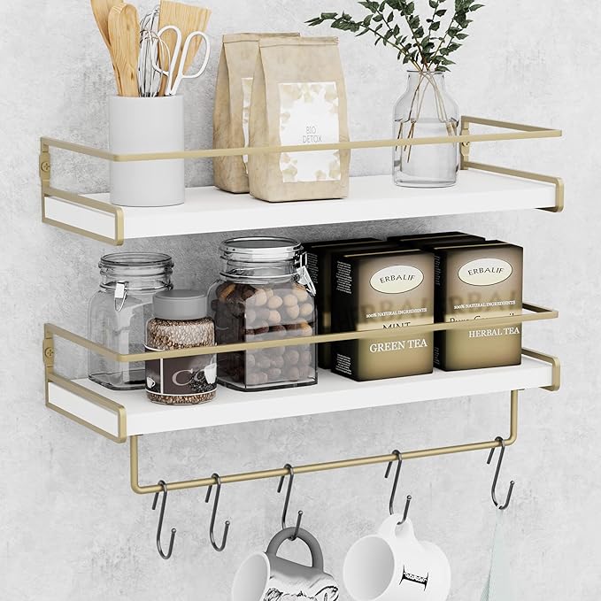 Wall Decor Floating Shelves, Home Decor with Towel Bar/Hooks, Wall Shelves for Bathroom/Living Room/Kitchen/Bedroom, (Gold-White) Floating Bathroom Shelves