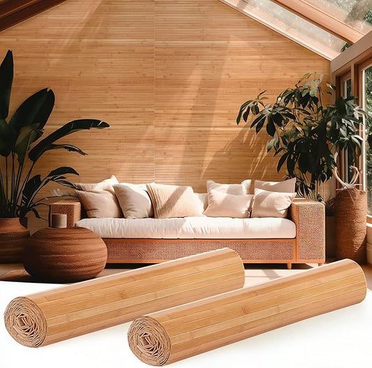 Juexica 2 Pcs Natural Bamboo Wall Panel 16 x 96 Inch Bamboo Covering Renewable Pole Wrap Fencing Wainscoting Room Divider for Interior Wall Decoration Bedroom Living Room Ceiling Tiles(Carbonized)