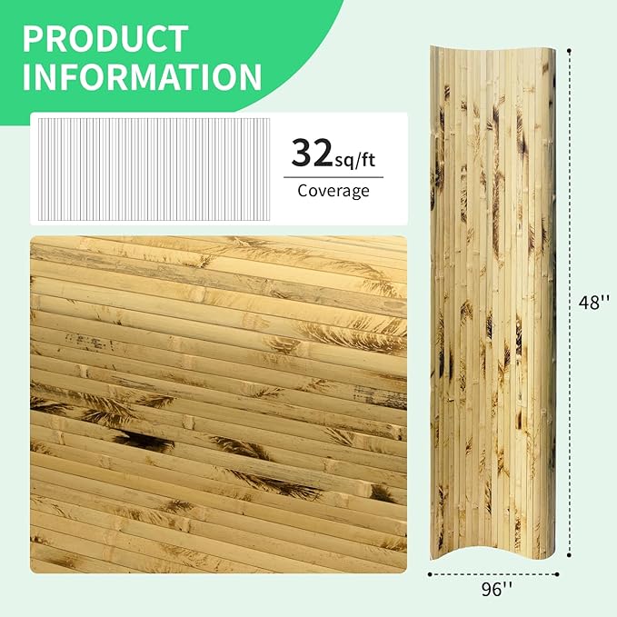 Natural Bamboo Wall Panel for Interior Wall Decor, Renewable Pole Wrap Wainscoting Paneling for Wall Ceiling Furniture Cabinet Office, 48 x 96 Inch, Light Burned
