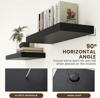 30 Inch Floating Shelves | 12 Inch Deep Black Floating Shelves Set of 2 | 30" W x 12" D Rustic Wood Shelves for Wall | Deep Black Shelves for Living Room Bathroom Laundry Room Kitchen