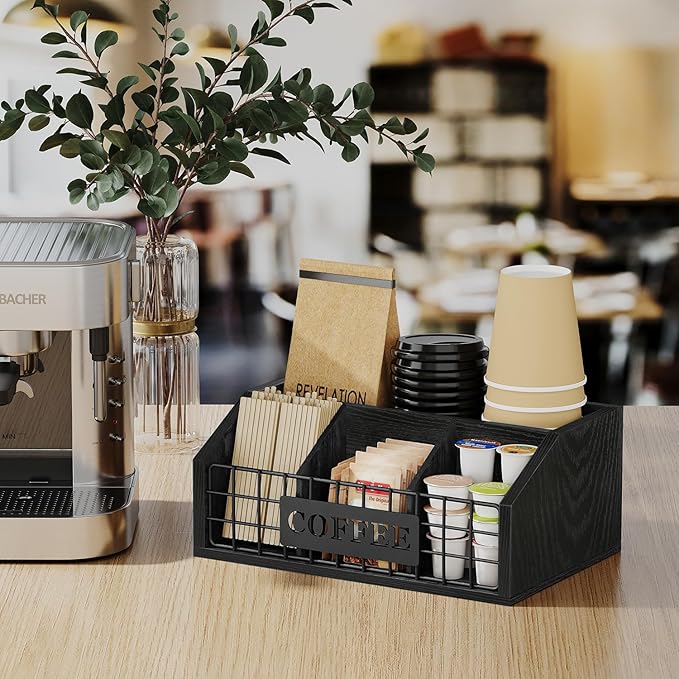 YINMIT Coffee Station Organizer for Countertop, Wood Coffee Bar Organizer with Removable Dividers for Pods, Syrup, Cups, Stirrer, Tea - Office Bar Accessories, Iron Wire-Black
