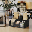 YINMIT Coffee Station Organizer for Countertop, Wood Coffee Bar Organizer with Removable Dividers for Pods, Syrup, Cups, Stirrer, Tea - Office Bar Accessories, Iron Wire-Black