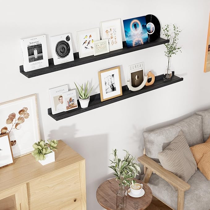 RICHFOCUS Floating Shelves for Wall, 55 inch Solid Wood Picture Ledge Shelf for Wall Storage, Nursery Book Shelves with Lip for Living Room Bathroom Bedroom Kitchen, Set of 2, Distressed Black