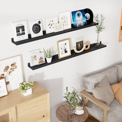 RICHFOCUS Floating Shelves for Wall, 55 inch Solid Wood Picture Ledge Shelf for Wall Storage, Nursery Book Shelves with Lip for Living Room Bathroom Bedroom Kitchen, Set of 2, Distressed Black