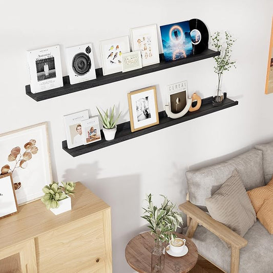 RICHFOCUS Floating Shelves for Wall, 55 inch Solid Wood Picture Ledge Shelf for Wall Storage, Nursery Book Shelves with Lip for Living Room Bathroom Bedroom Kitchen, Set of 2, Distressed Black
