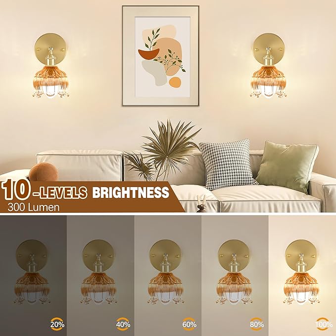 Vintage Battery Wall Sconce with Flower lampshade,Rechargeable Battery Powered Wall Lights,Wall lamp with 15 Colors for Bedroom Living Room Home Decor (Flower Amber, 2 Light Battery Operated)