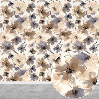 JiffDiff Floral Peel and Stick Wallpaper, Purple Watercolor Flower Contact Paper Peel and Stick for Bedroom Bathroom, Brown Vintage Removable Waterproof Self Adhesive Wall Paper 118"X17.3"(14 sq. ft)