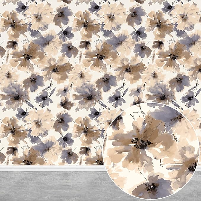 Floral Peel and Stick Wallpaper, Purple Watercolor Flower Contact Paper Peel and Stick for Bedroom Bathroom, Brown Vintage Removable Waterproof Self Adhesive Wall Paper 393"X17.3"(48.5 sq.ft)