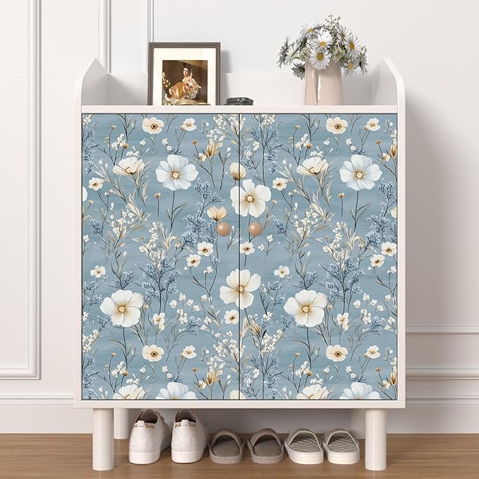 Blue Floral Peel and Stick Wallpaper White Botanical Contact Paper Vintage Leaf Wall Mural for Bedroom Bathroom Vinyl Waterproof Self Adhesive Removable Renter Dorm Wall Paper 17.5" x 118"