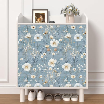 Blue Floral Peel and Stick Wallpaper White Botanical Contact Paper Vintage Leaf Wall Mural for Bedroom Bathroom Vinyl Waterproof Self Adhesive Removable Renter Dorm Wall Paper 17.5" x 118"