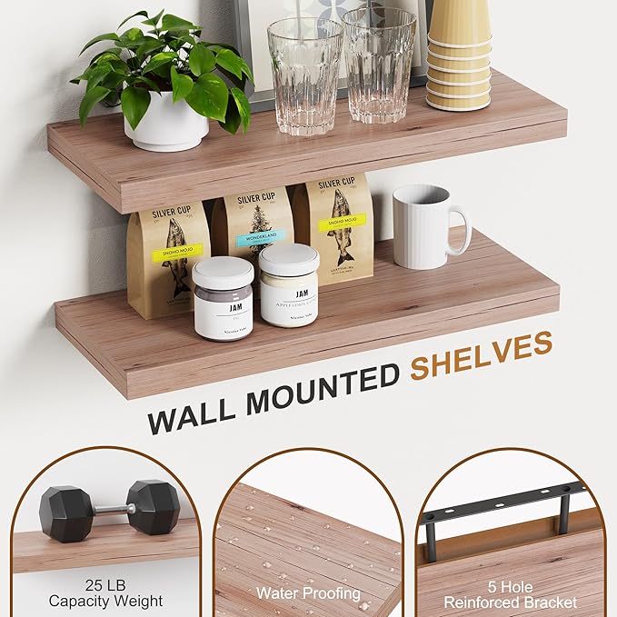 Bellsal Floating Shelves for Wall, Mahogany Wood Wall Shelf Set of 4, 16" Mounted Floating Shelf for Kitchen, Living Room, Bedroom, Bathroom Storage, Book Shelf for Home Decor, Frame Display