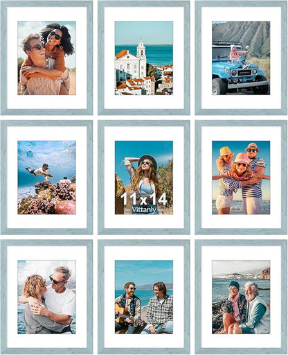 Vittanly 11x14 Picture Frames Set of 9, Shatter Resistant Plexiglass, Display 8x10 Pictures with Mat or 11x14 without Mat, Photo Frames for Wall or Tabletop, Engineered Wood, Rustic Blue