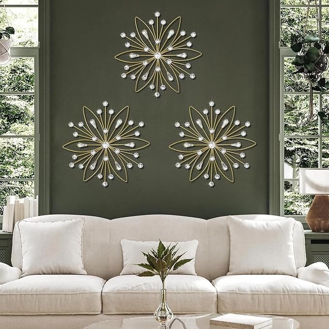 ZEXUIRU 3 Pack Gold Sunburst Wall Decor – Metal Crystal Wall Art with Sparkling Rhinestones, 14’’/18 Inch Starburst Wall Hanging Set for Living Room Bedroom Bathroom – Modern Bling Home Decorations