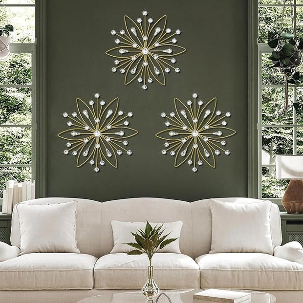 ZEXUIRU 3 Pack Gold Sunburst Wall Decor – Metal Crystal Wall Art with Sparkling Rhinestones, 14’’/18 Inch Starburst Wall Hanging Set for Living Room Bedroom Bathroom – Modern Bling Home Decorations