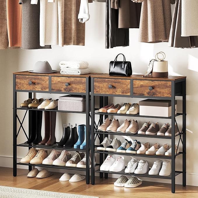 5 Tier Shoe Rack, Large Capacity Shoe Storage Organizer, Metal Shoe Shelf with Drawer and Wooden Top, for 20 Pairs of Shoes, for Entryway, Closet, Rustic Brown and Black SS25BRY1N1